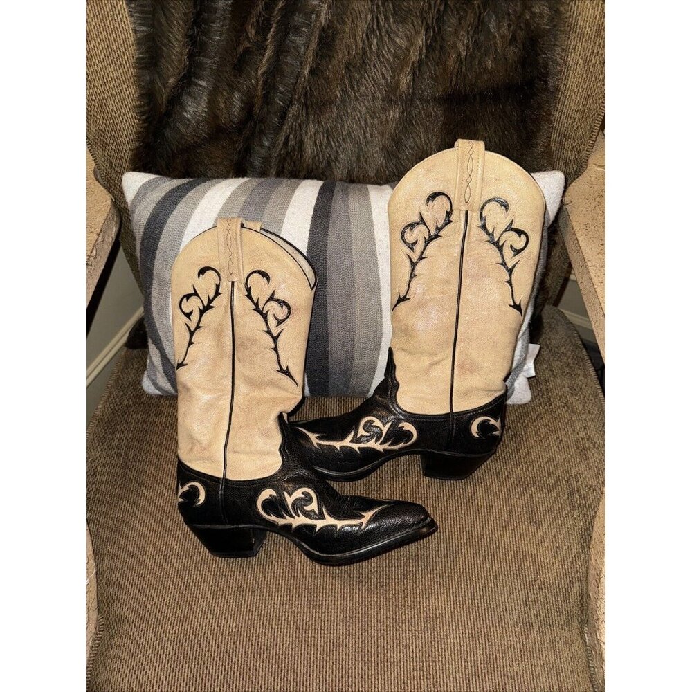 Tony Lama Vintage Kids  Cowboy Boots Black & White Leather Pointed  5.5 Western